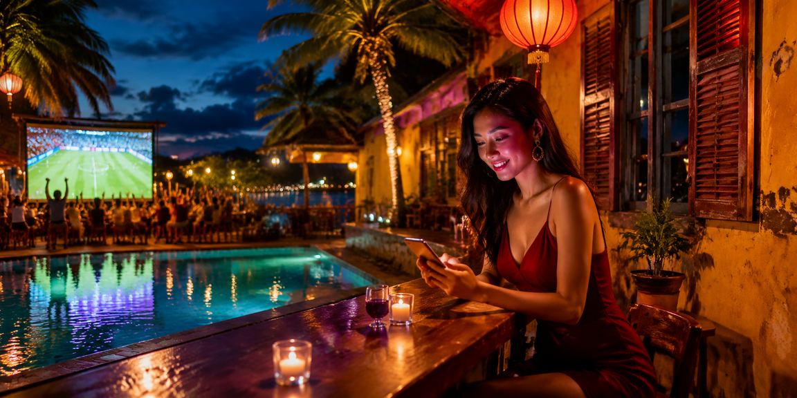 Người dùng trải nghiệm casino mobile dưới ánh đèn neon tại Hội An
